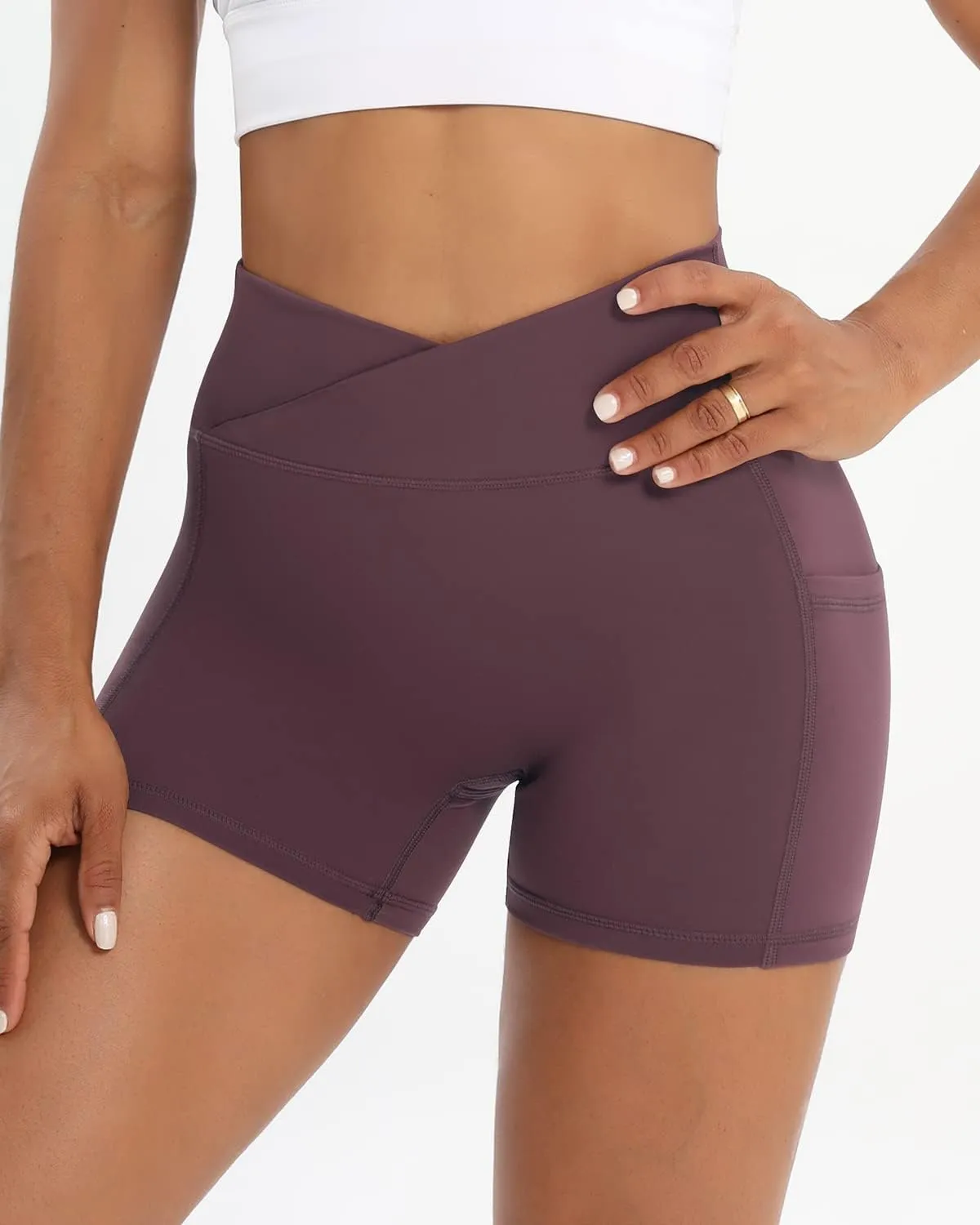 Workout Shorts for Women 2 Pcs Pack Cross Waist Active Gym Spandex Stretchy Yoga Compression with Side Pockets