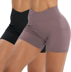 Workout Shorts for Women 2 Pcs Pack Cross Waist Active Gym Spandex Stretchy Yoga Compression with Side Pockets