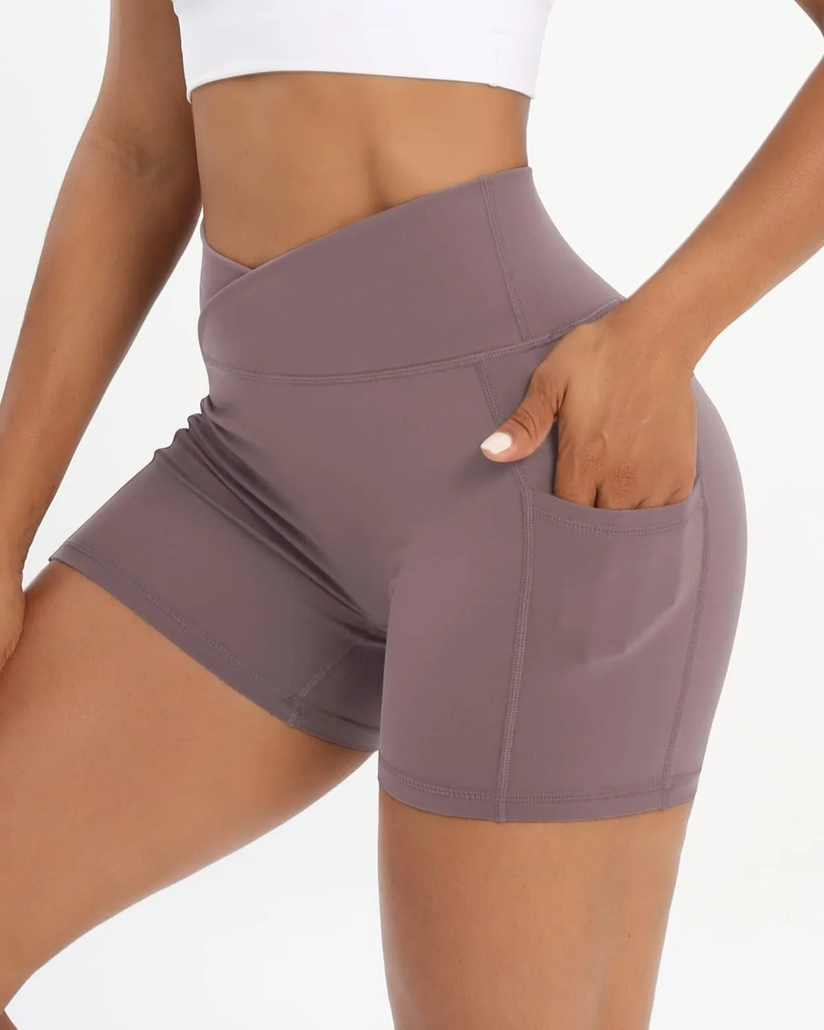 Workout Shorts for Women 2 Pcs Pack Cross Waist Active Gym Spandex Stretchy Yoga Compression with Side Pockets