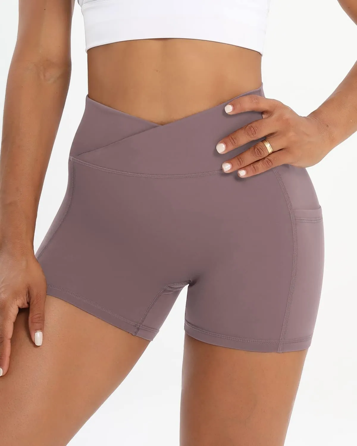 Workout Shorts for Women 2 Pcs Pack Cross Waist Active Gym Spandex Stretchy Yoga Compression with Side Pockets