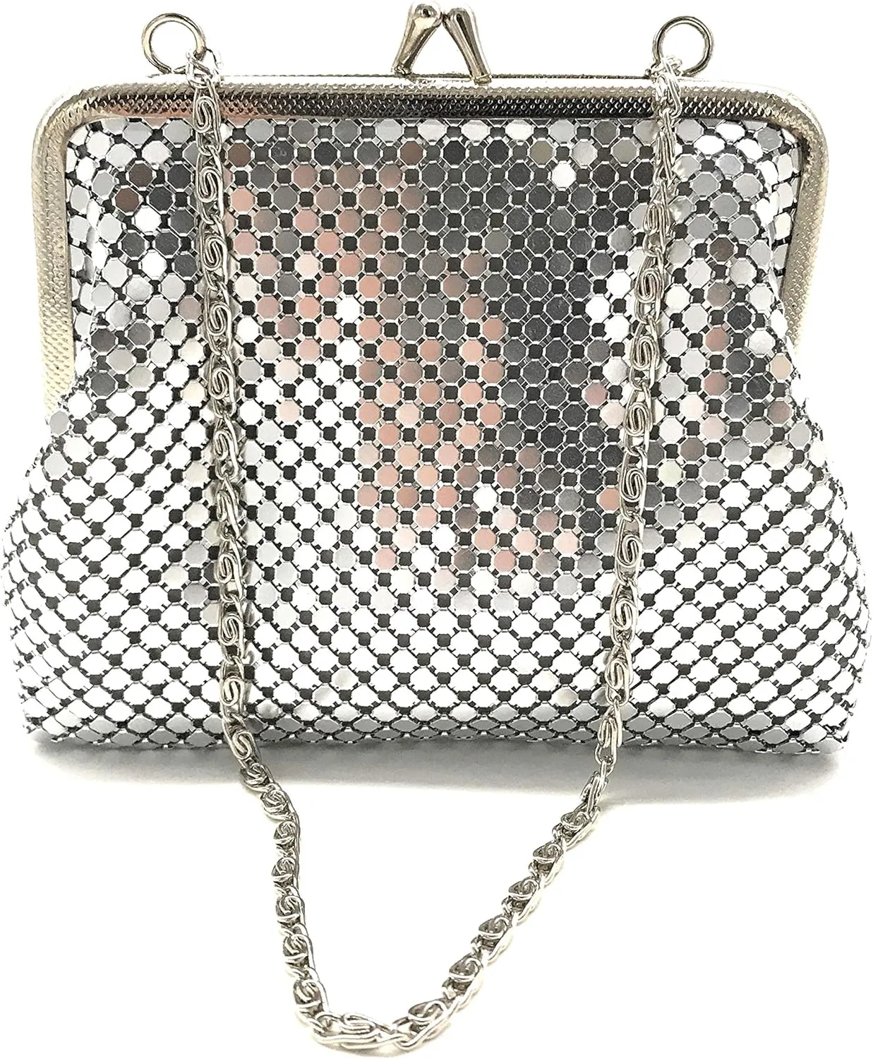 X-Small Women clutch metal mesh purse Hand carry chain for Cocktail Party Prom Wedding Banquet (Silver)