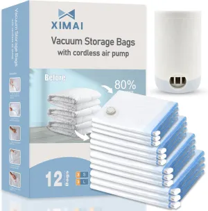 XIMAI Vacuum Storage Bags with Electric Pump for Clothes,12 Combo Seal Bags for Clothing,Space Saver for Comforters,Blankets,Bedding,Vacuum Sealer for Travel, Space Saver