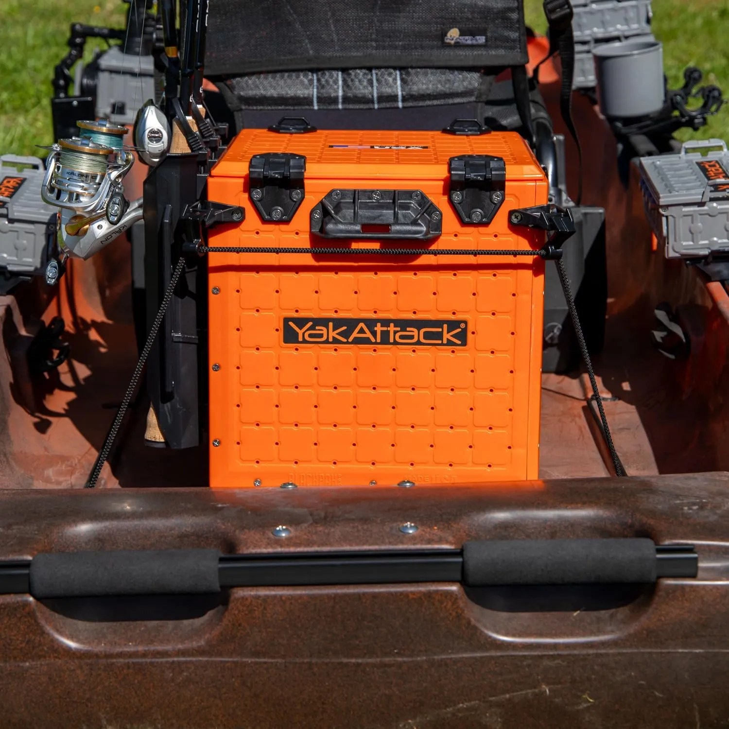YakAttack BlackPak Pro 13" x 13" Fishing Crate with 3 Rod Holders - Orange | Compact Tackle Storage Box & Gear Organizer for Kayaks | Lightweight, Durable & Customizable Marine Accessory | Made in USA