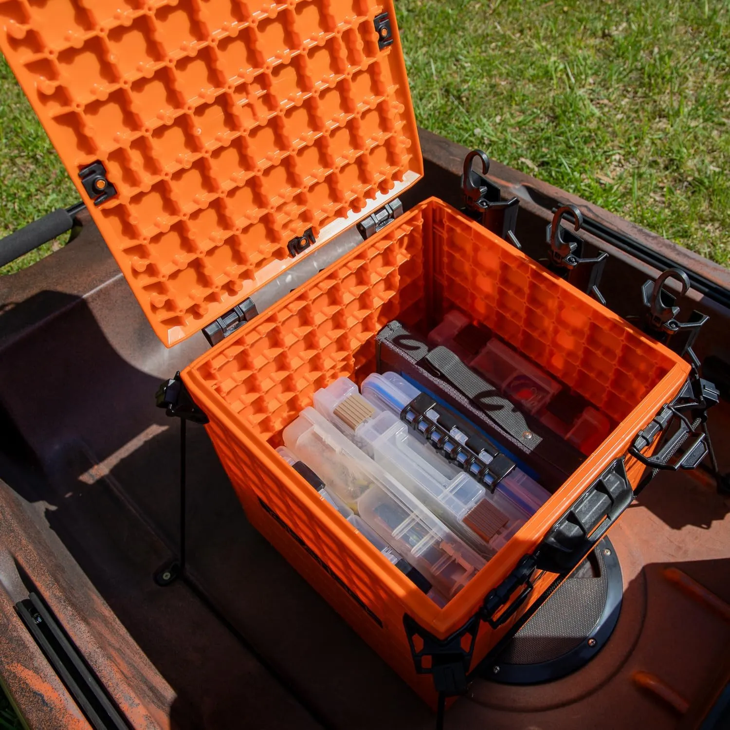 YakAttack BlackPak Pro 13" x 13" Fishing Crate with 3 Rod Holders - Orange | Compact Tackle Storage Box & Gear Organizer for Kayaks | Lightweight, Durable & Customizable Marine Accessory | Made in USA