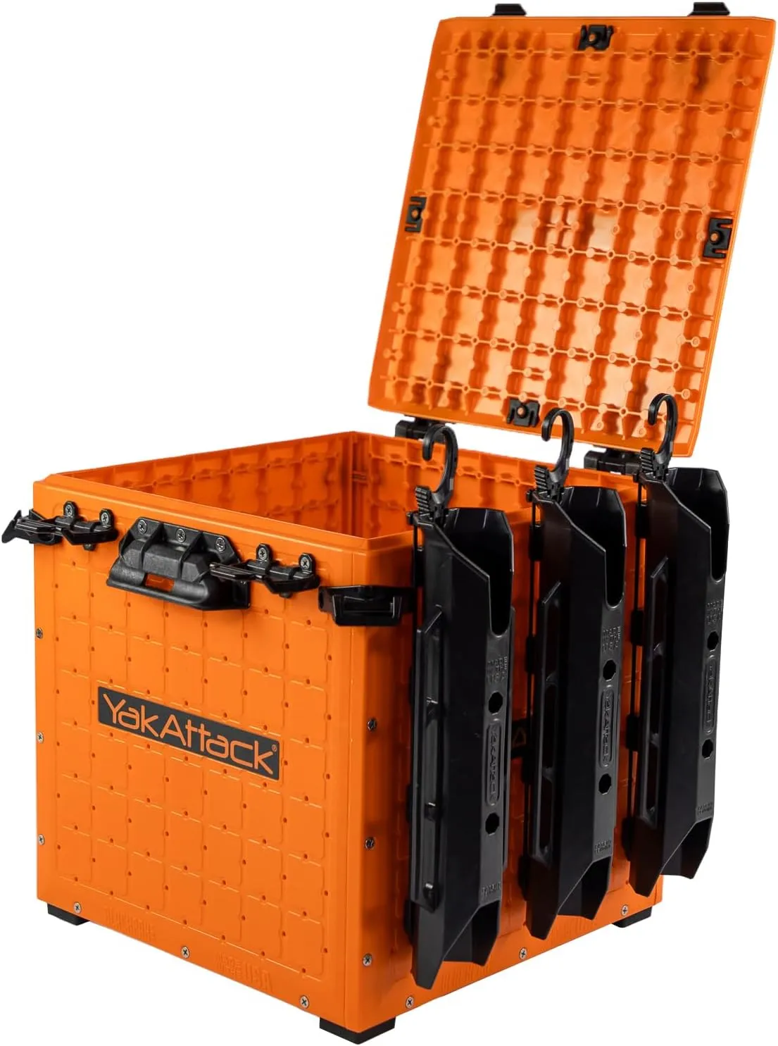 YakAttack BlackPak Pro 13" x 13" Fishing Crate with 3 Rod Holders - Orange | Compact Tackle Storage Box & Gear Organizer for Kayaks | Lightweight, Durable & Customizable Marine Accessory | Made in USA