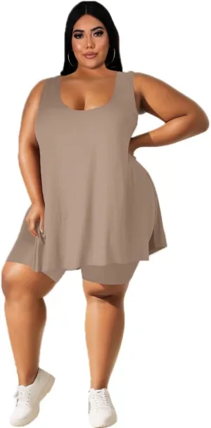 YeGine Women Plus Size 2 Piece Outfits Casual Sleeveless Tunic Tops Short Sets Summer Oversized Tshirts Shorts Sweatsuits