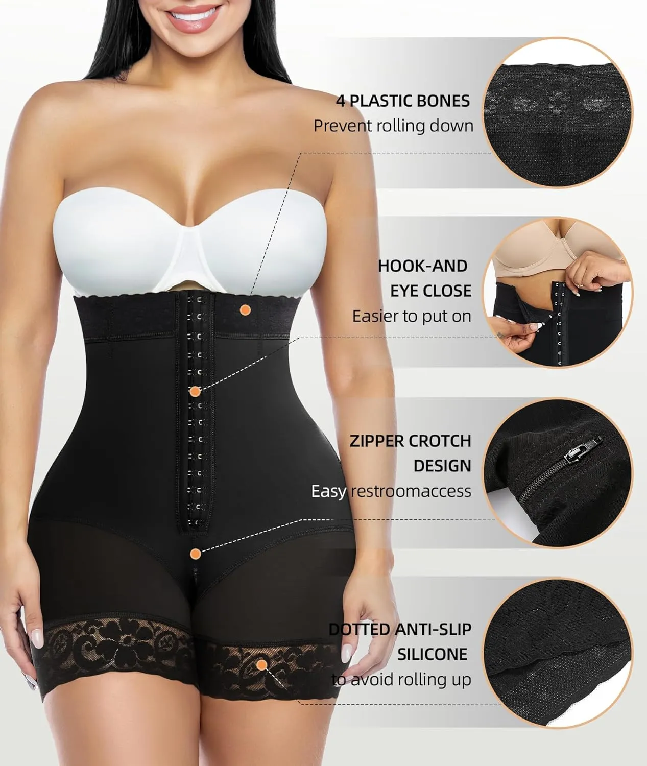 YIANNA Tummy Control Shapewear for Women Strapless Fajas Colombianas Body Shaper Shorts Butt Lifter with Zipper Crotch