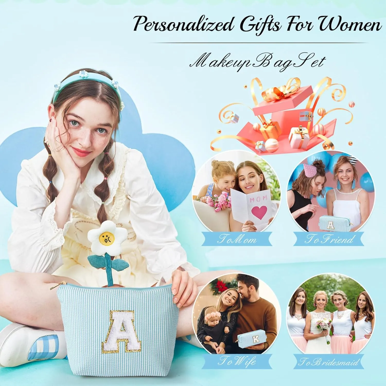 YOOLIFE Cute Makeup Bag for Women & Girls - Cosmetic Bag | Initial Make Up Bag | Personalized Gift for Women / Her | Bridal Shower & Mother's Day Gift