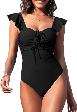 ZAFUL 2024 Swim Suits for Women One Piece Swimsuit Tummy Control Bathing Suits Slimming Swimsuits Ruffle Swimwear Self Tie Black