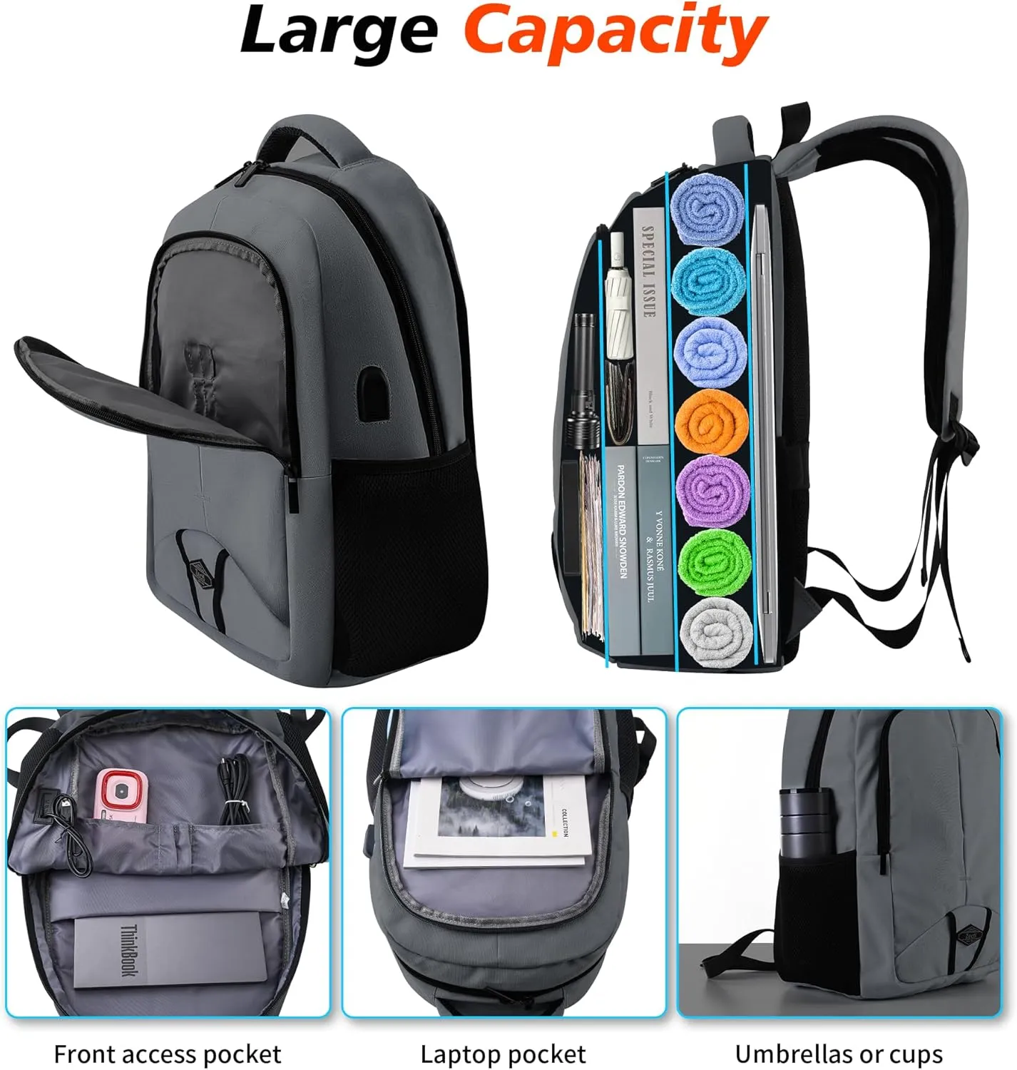 Zecti Travel Laptop Backpack for Men Women 17 Inch Casual Backpack for Work,Travel,Carry on College Backpack with USB Charging Hole, Water Resistant,Large Capacity Grey