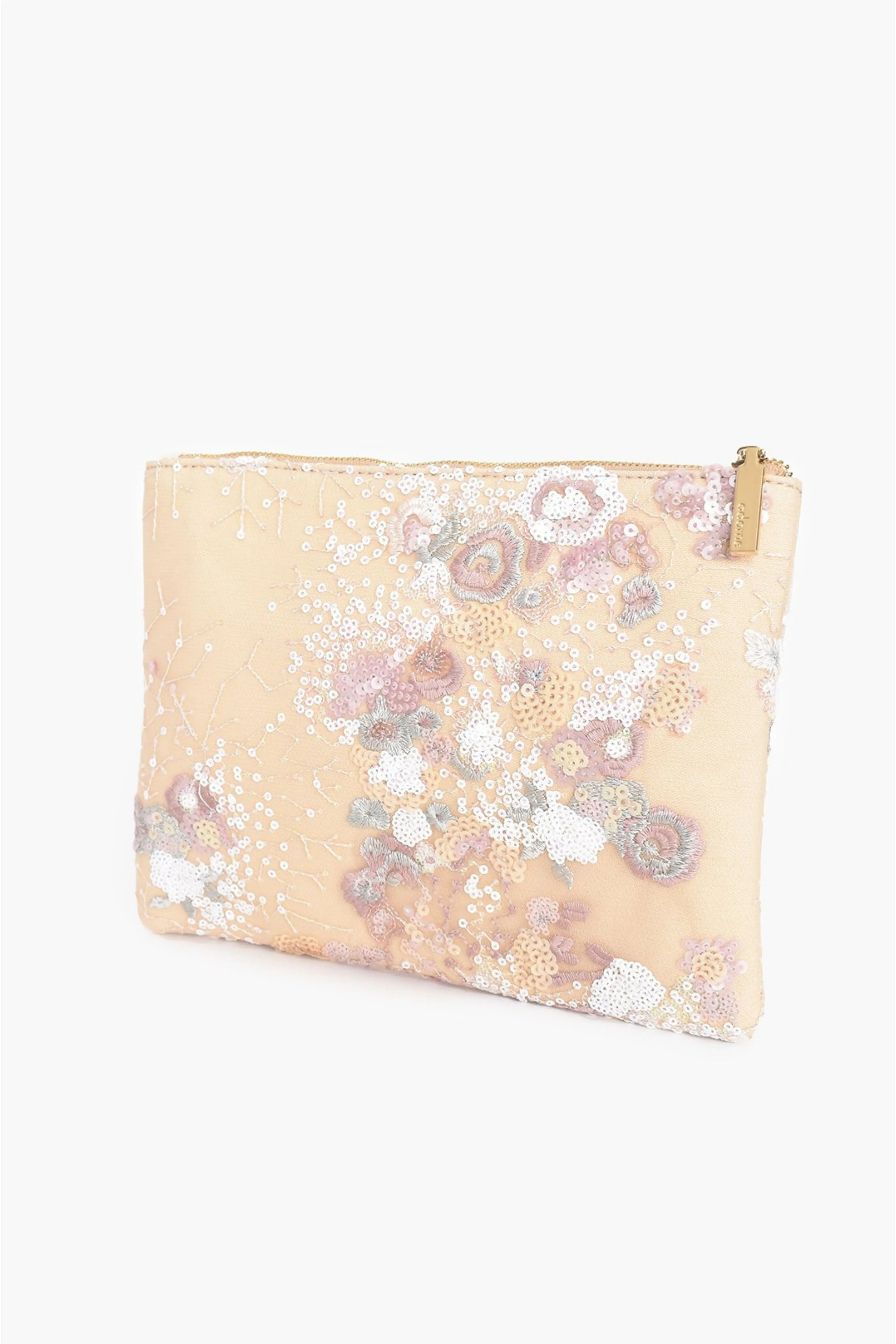 Zip Top Sequin and Embroidered Clutch - Pastel Pink
