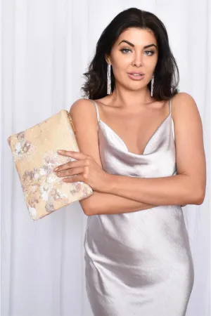 Zip Top Sequin and Embroidered Clutch - Pastel Pink