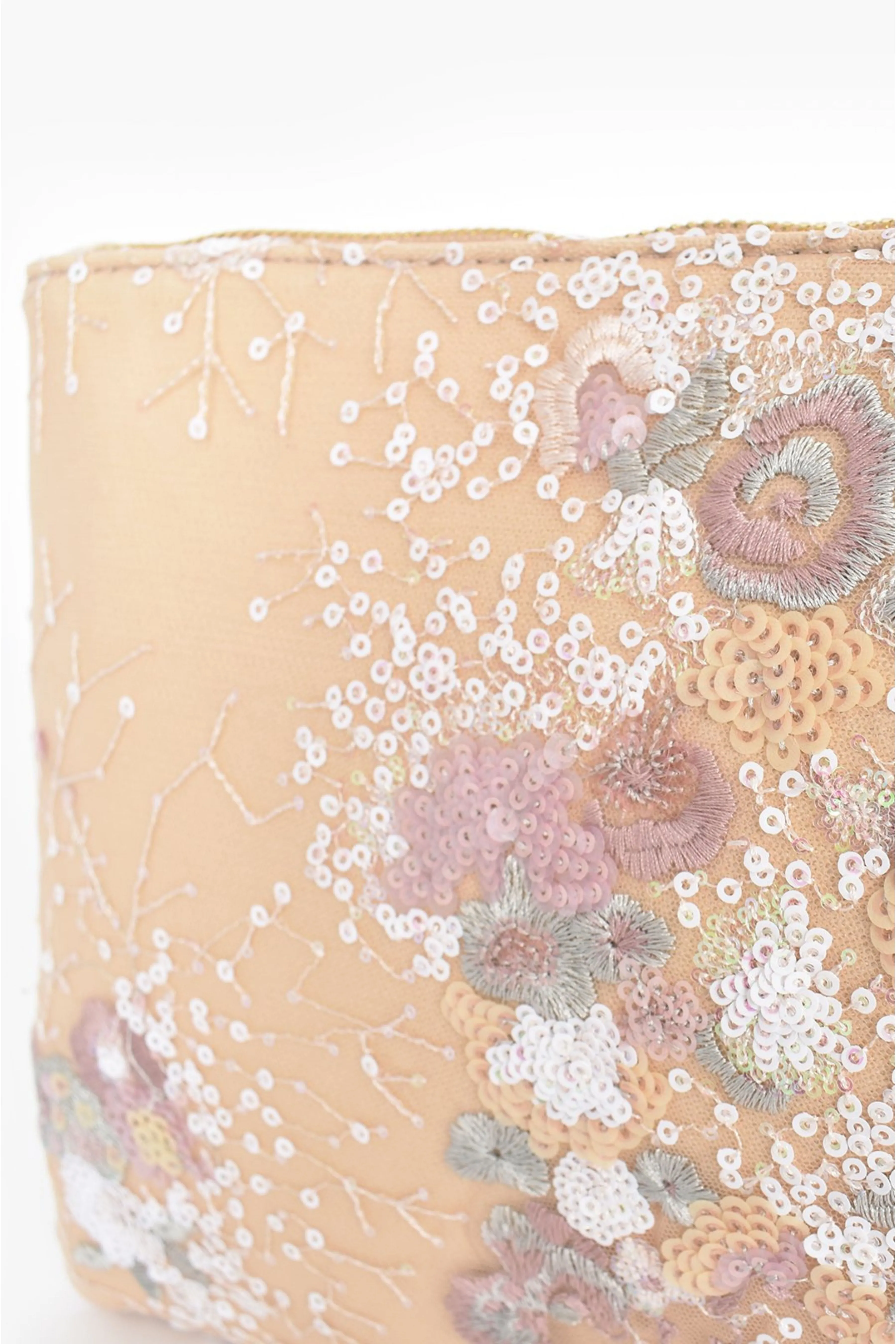 Zip Top Sequin and Embroidered Clutch - Pastel Pink