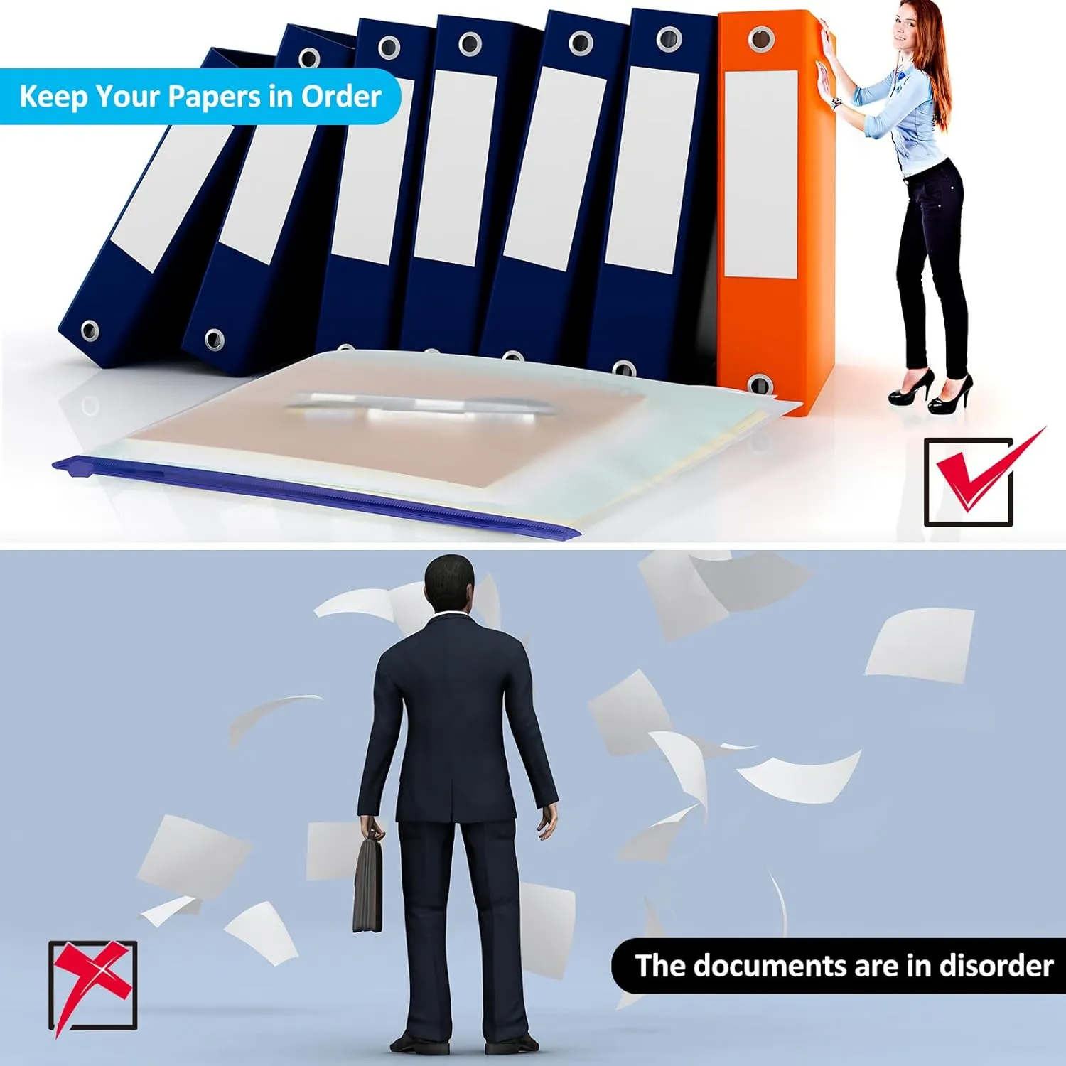 Zonon 30 PCS 3/6 Ring Binder Zipper Pouch Binder Pockets 3/6 Holes Clear Zipper Binder Folders Waterproof PVC Loose Leaf Bags Filling Bags(Blue Zippers,A4)