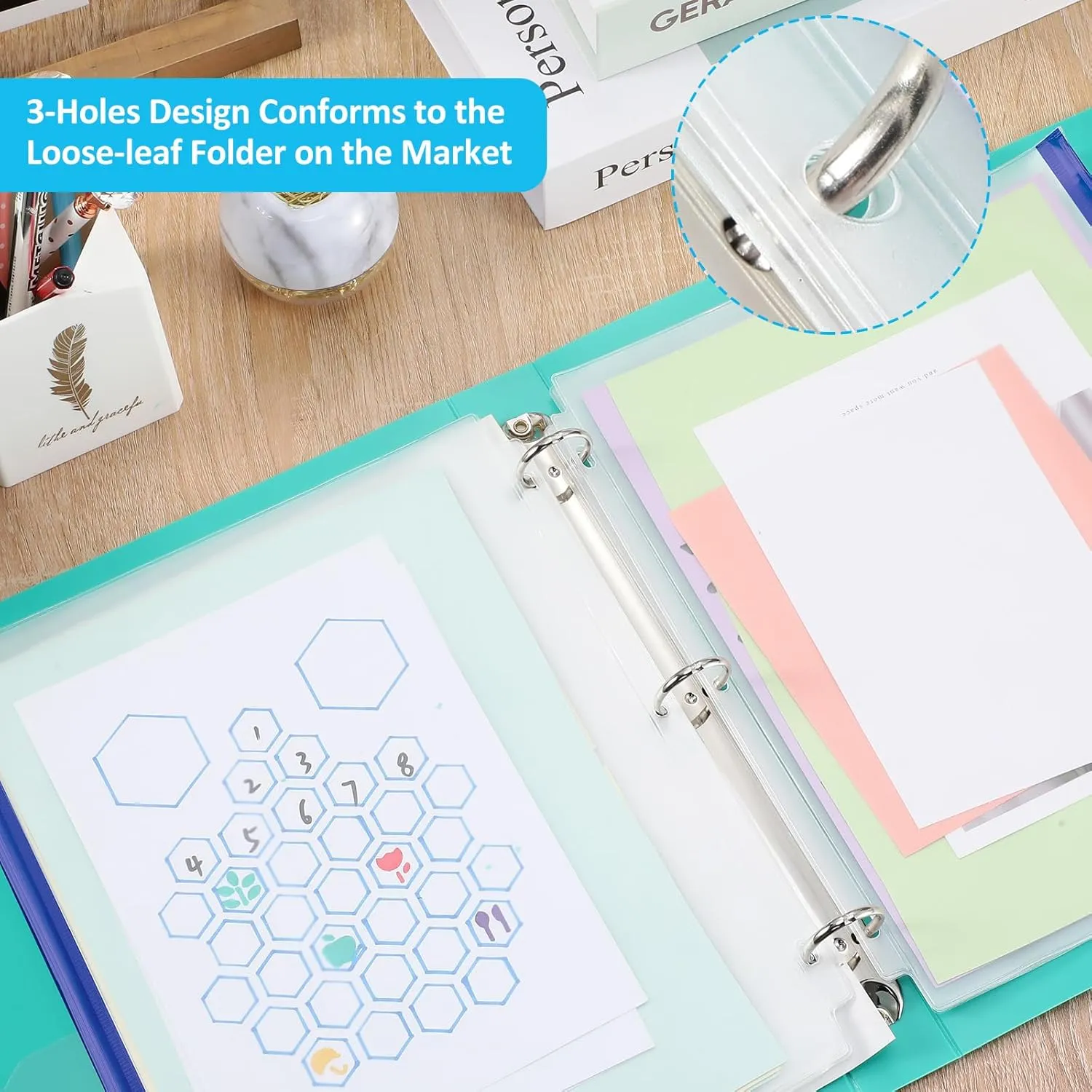 Zonon 30 PCS 3/6 Ring Binder Zipper Pouch Binder Pockets 3/6 Holes Clear Zipper Binder Folders Waterproof PVC Loose Leaf Bags Filling Bags(Blue Zippers,A4)