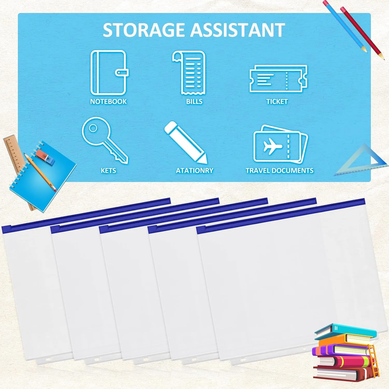 Zonon 30 PCS 3/6 Ring Binder Zipper Pouch Binder Pockets 3/6 Holes Clear Zipper Binder Folders Waterproof PVC Loose Leaf Bags Filling Bags(Blue Zippers,A4)