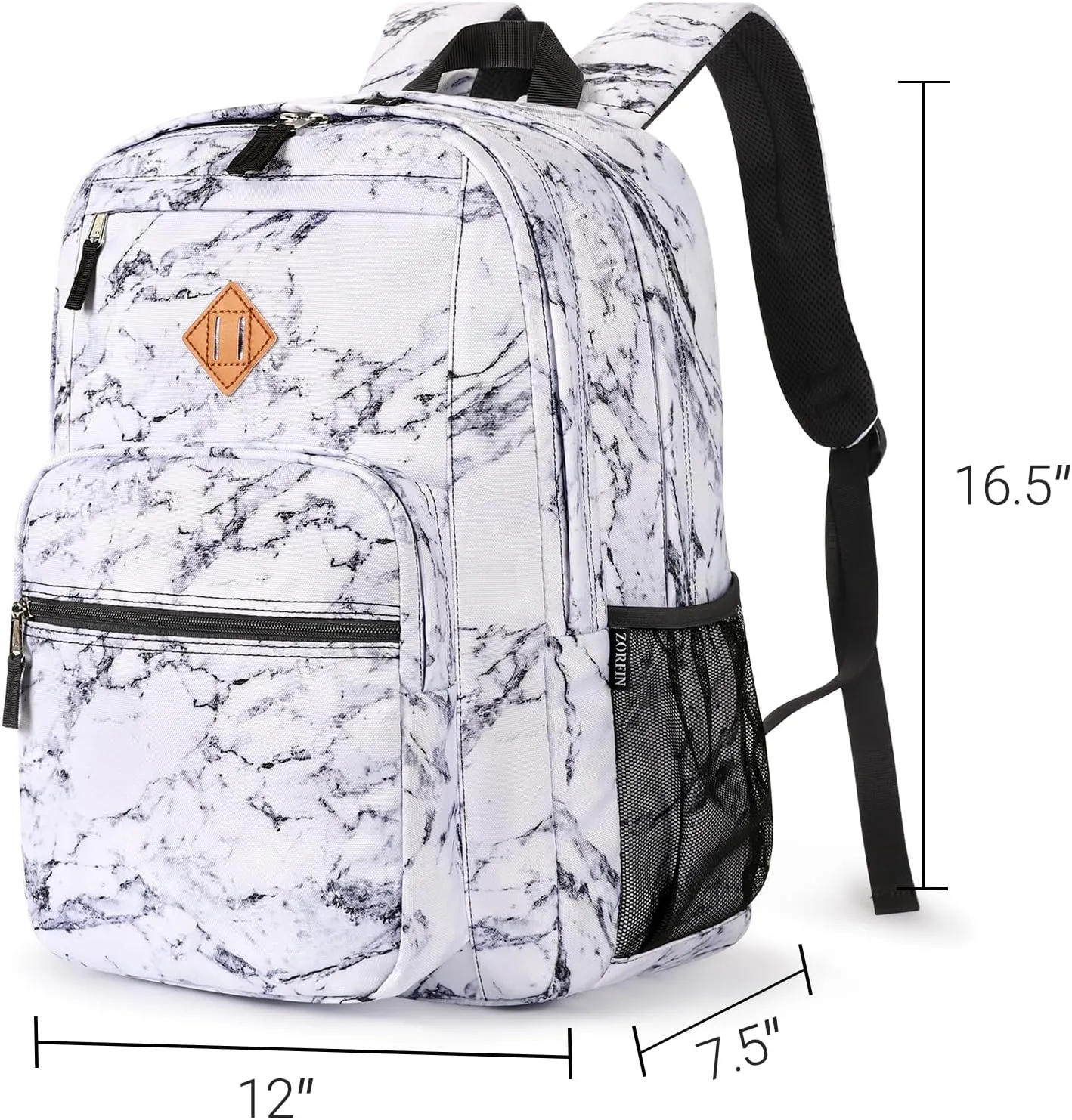 ZORFIN 26L Backpack for School, College, and Travel: Water Resistant Bookbag with 8 Compartments - Marble