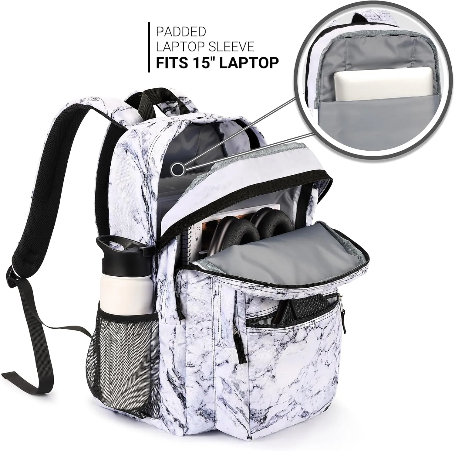 ZORFIN 26L Backpack for School, College, and Travel: Water Resistant Bookbag with 8 Compartments - Marble