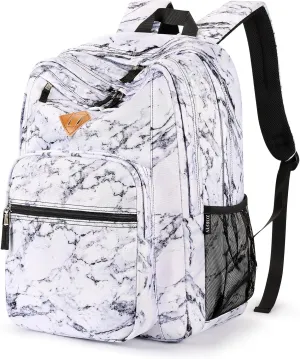 ZORFIN 26L Backpack for School, College, and Travel: Water Resistant Bookbag with 8 Compartments - Marble