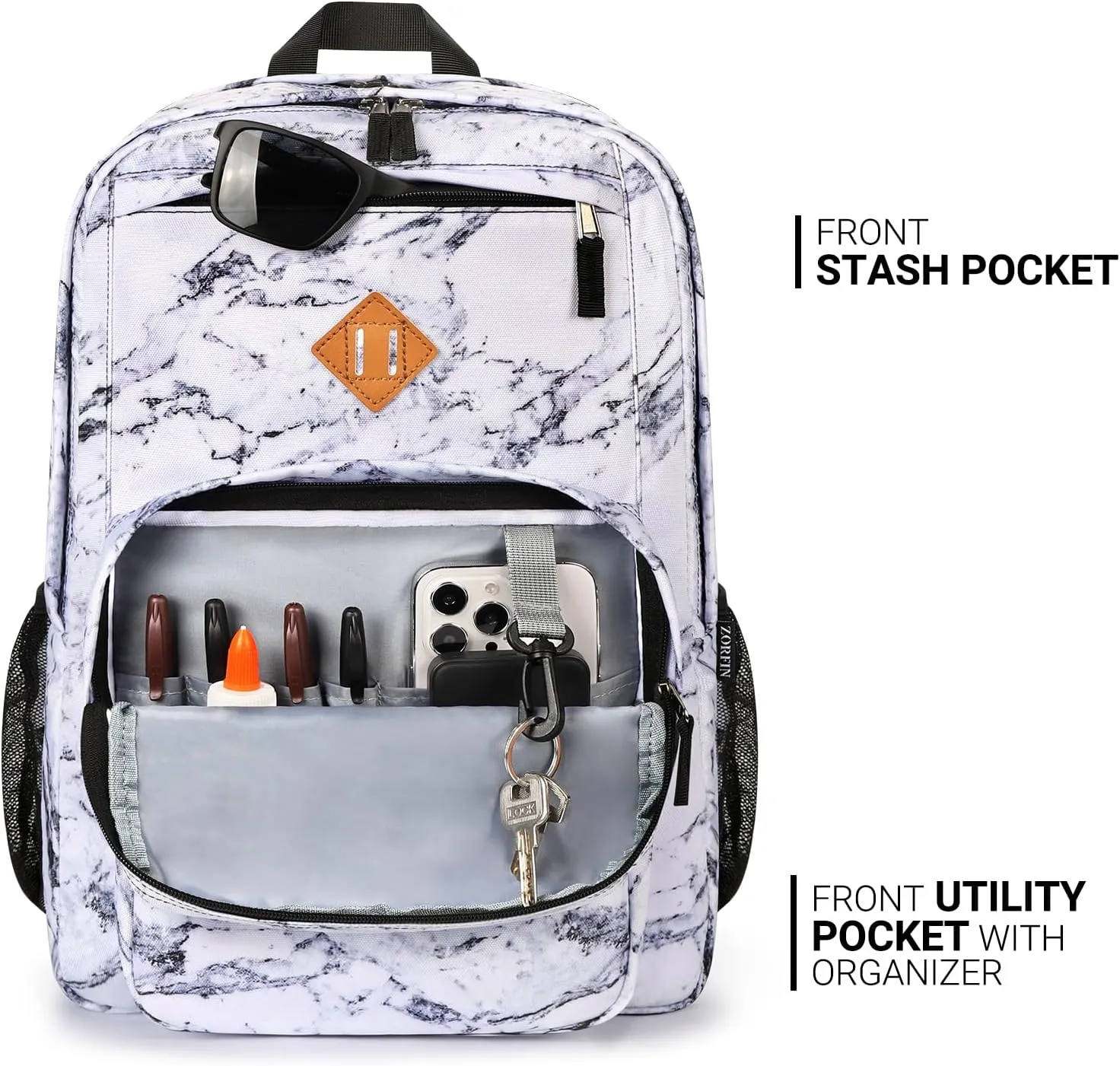 ZORFIN 26L Backpack for School, College, and Travel: Water Resistant Bookbag with 8 Compartments - Marble
