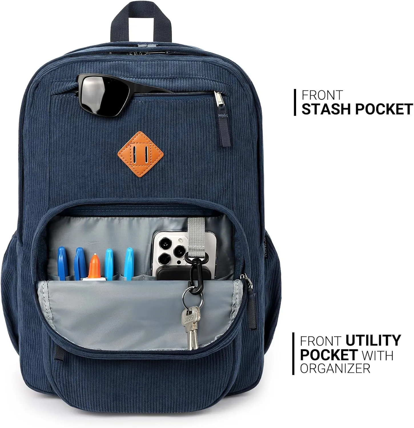 ZORFIN 26L Backpack for School, College, and Travel: Water Resistant Bookbag with 8 Compartments - Midnight Blue Corduroy