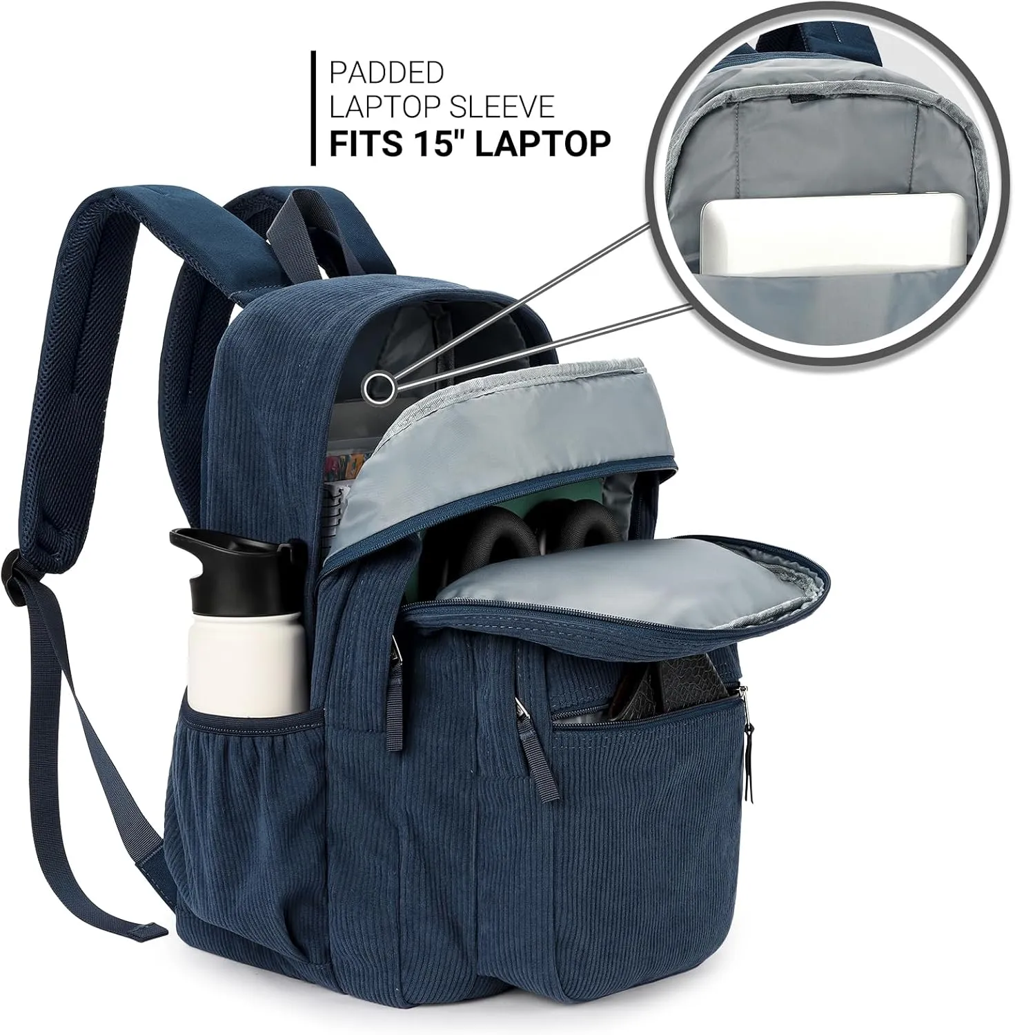 ZORFIN 26L Backpack for School, College, and Travel: Water Resistant Bookbag with 8 Compartments - Midnight Blue Corduroy