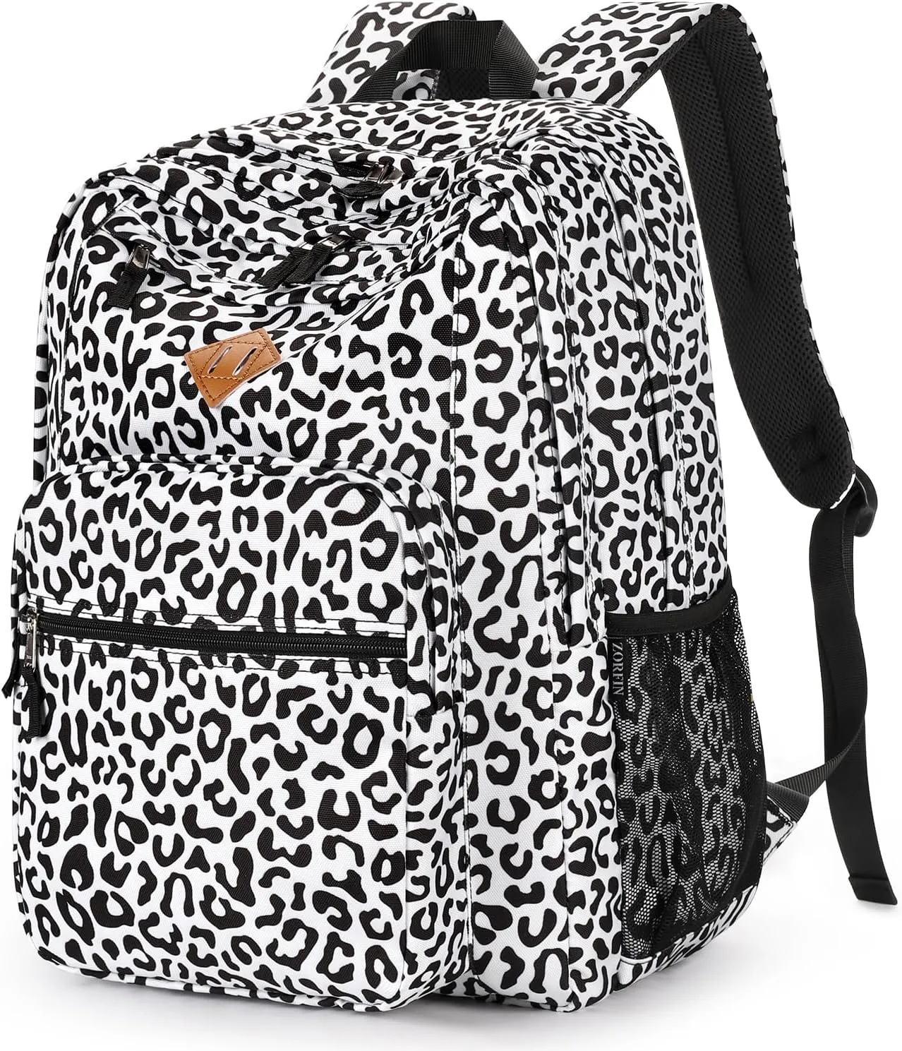 ZORFIN 26L Backpack for School, College, and Travel: Water Resistant Bookbag with 8 Compartments - Snow Leopard
