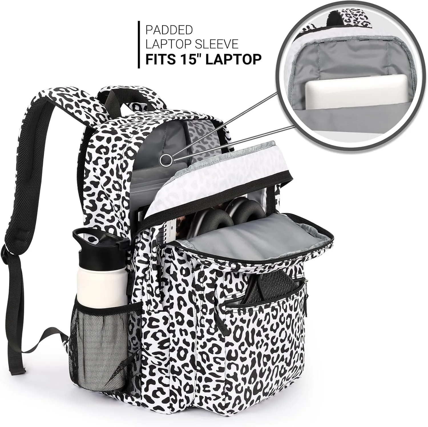 ZORFIN 26L Backpack for School, College, and Travel: Water Resistant Bookbag with 8 Compartments - Snow Leopard