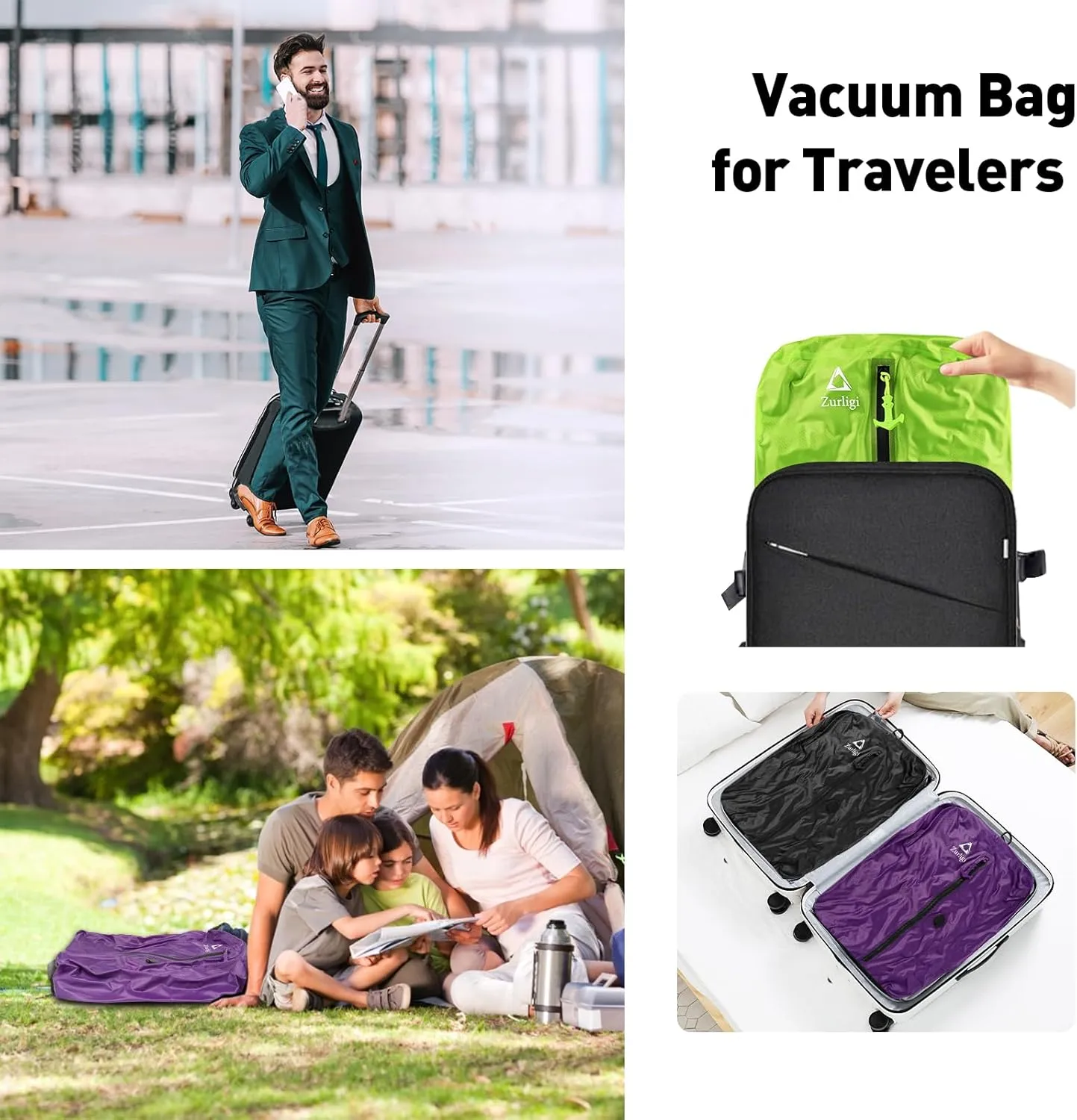 Zurligi Vacuum Bags for Travel with Pump, Vacuum Compression Bag with Adjustable Shoulder Strap, IP67 Reusable Vacuum Packing Cubes for Luggage, Backpack, Suitcase, Yoga, Swim, Beach