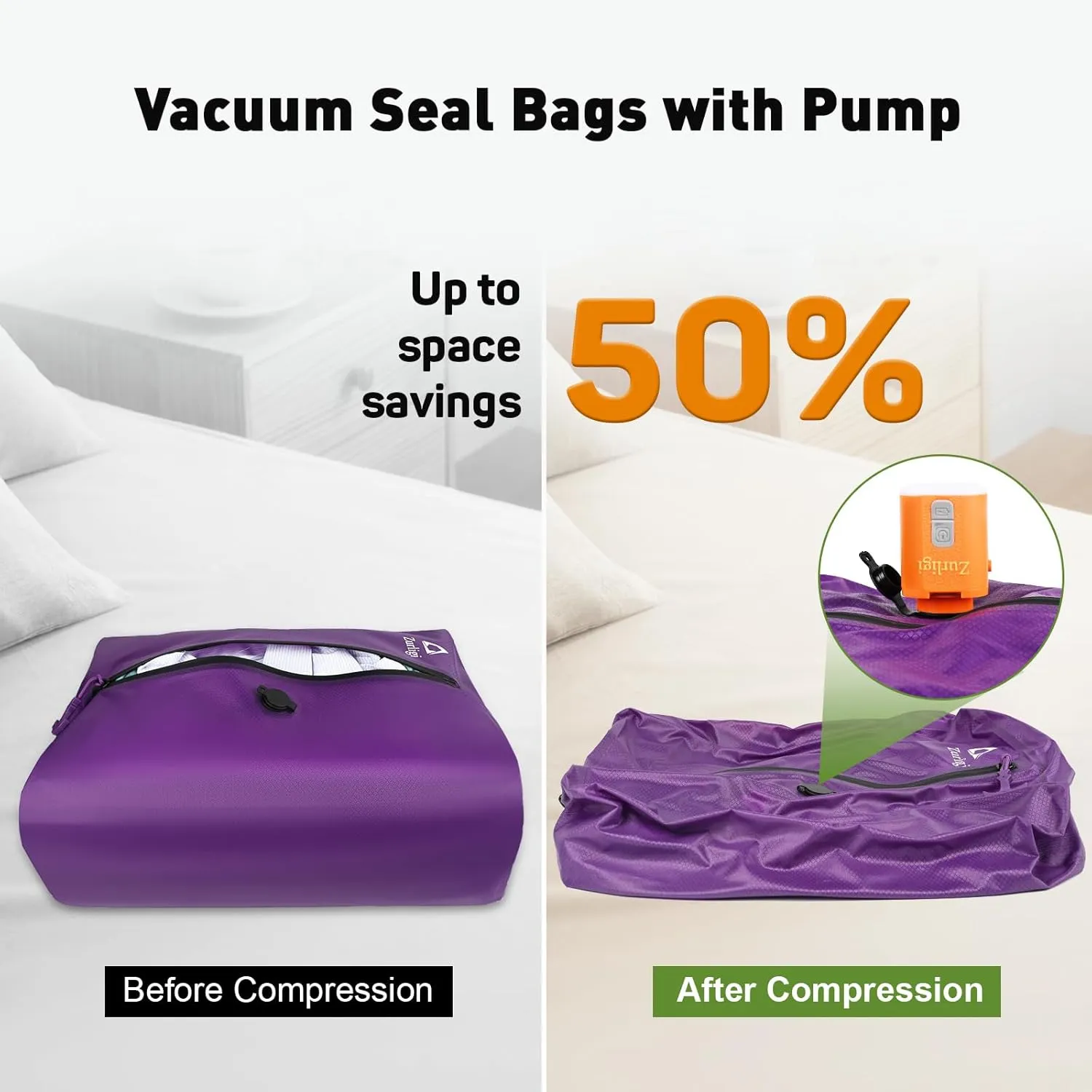 Zurligi Vacuum Bags for Travel with Pump, Vacuum Compression Bag with Adjustable Shoulder Strap, IP67 Reusable Vacuum Packing Cubes for Luggage, Backpack, Suitcase, Yoga, Swim, Beach